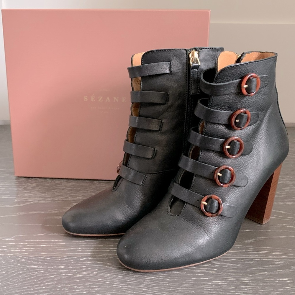 Sezane Black Ankle Boots with Brown Accents